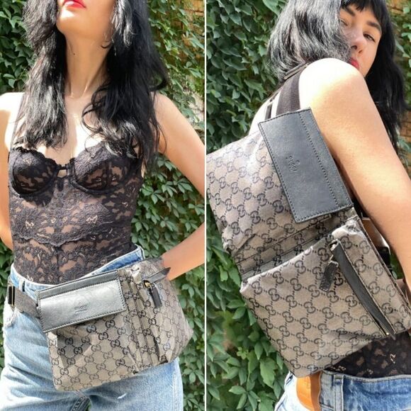 GUCCI Black/Gray Monogram Crystal Gg Unisex Belt Bag Fanny Pack - Picture 15 of 17